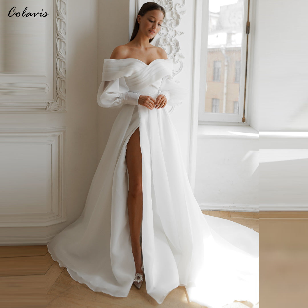 Off the Shoulder Long Sleeves Organza Wedding Dress with Slit