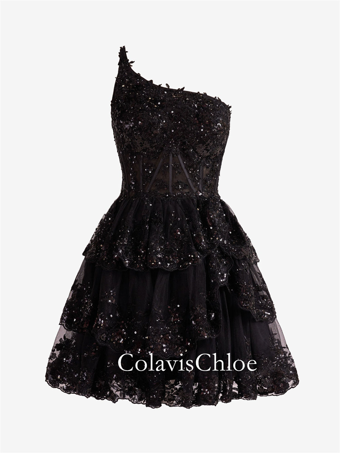 A Line One Shoulder Navy Tiered Lace Short Homecoming Dress