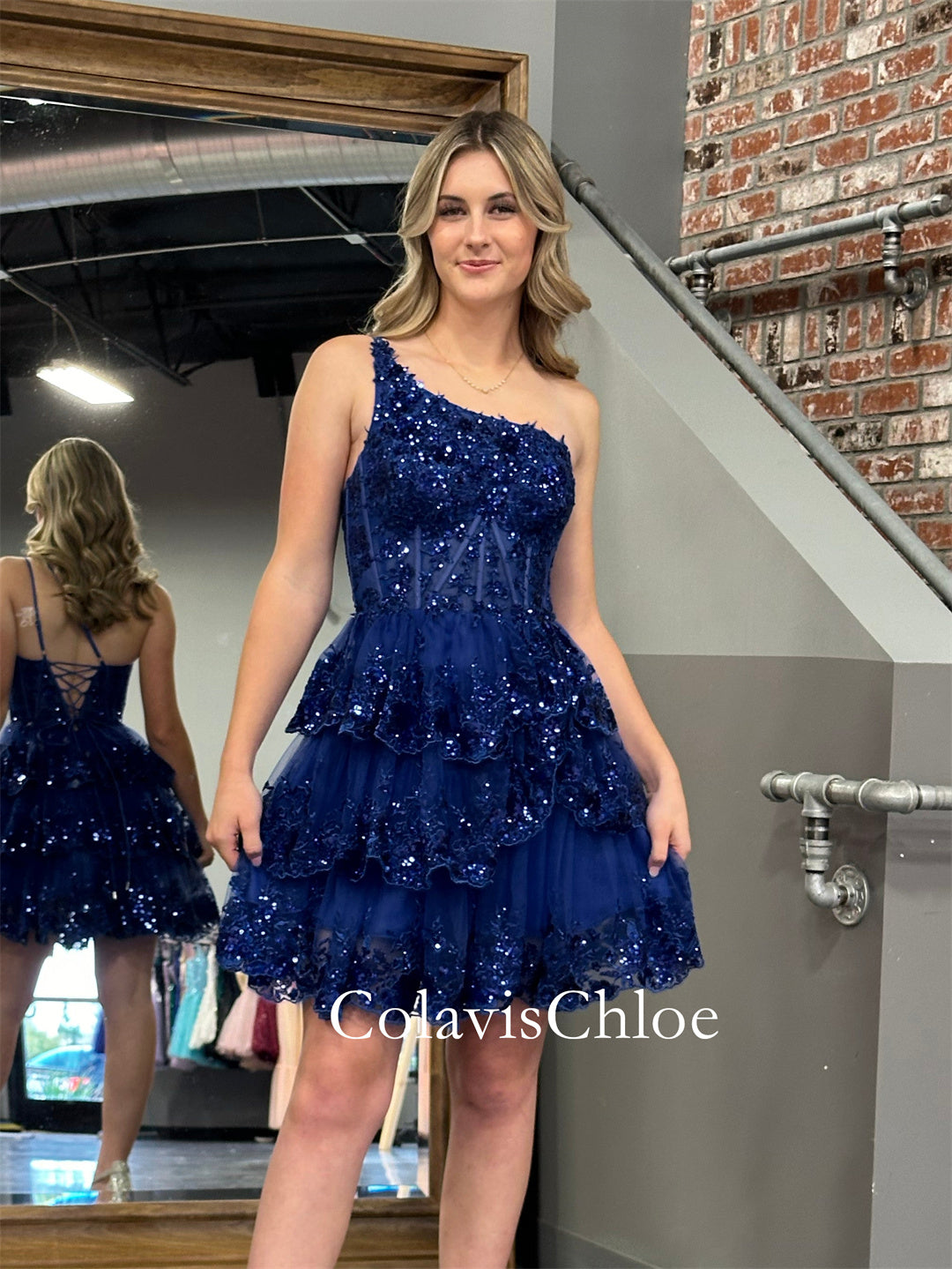 A Line One Shoulder Navy Tiered Lace Short Homecoming Dress