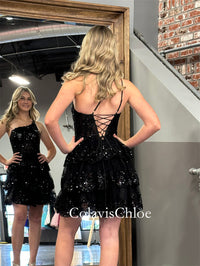 A Line One Shoulder Navy Tiered Lace Short Homecoming Dress