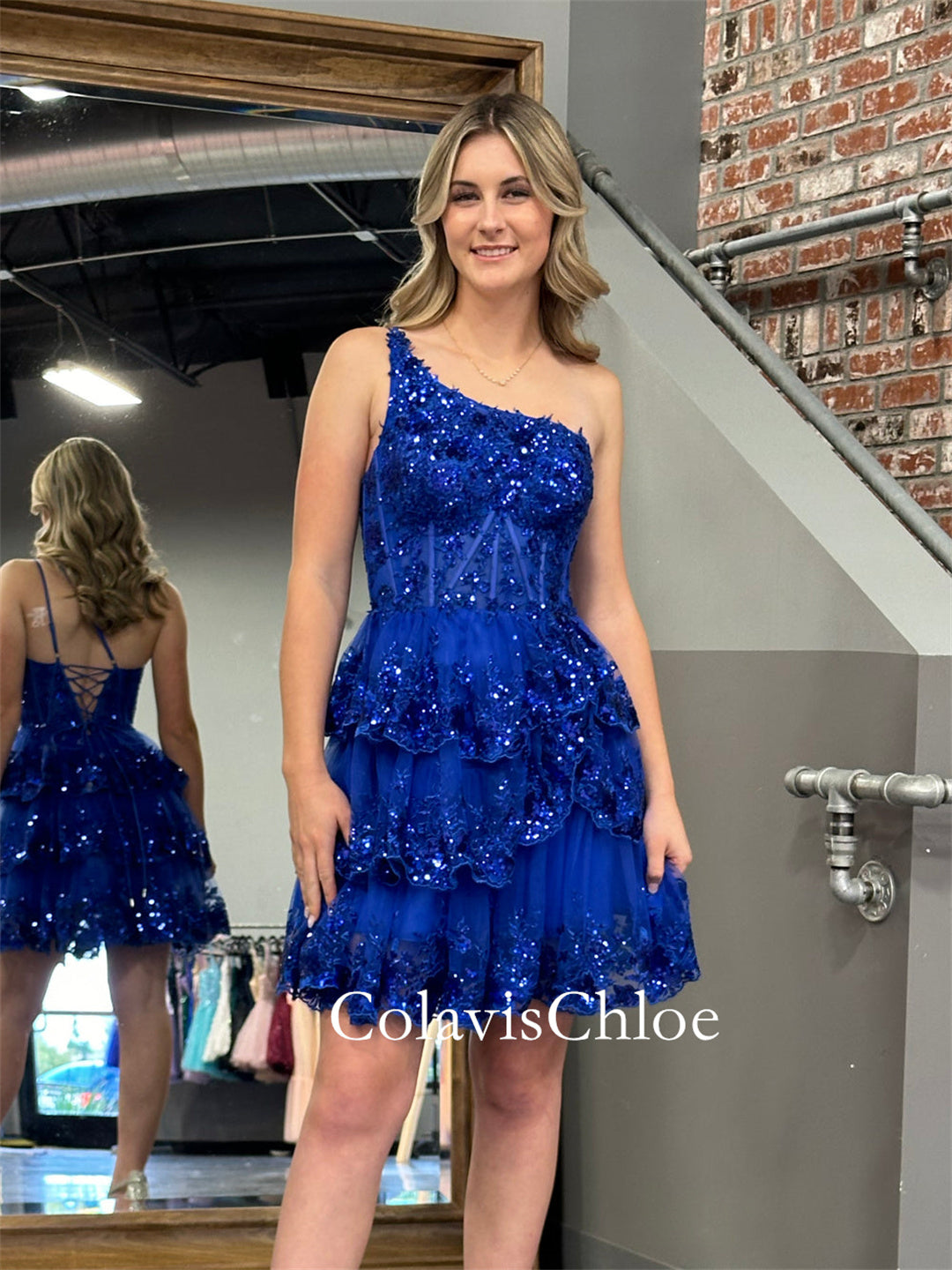 A Line One Shoulder Navy Tiered Lace Short Homecoming Dress