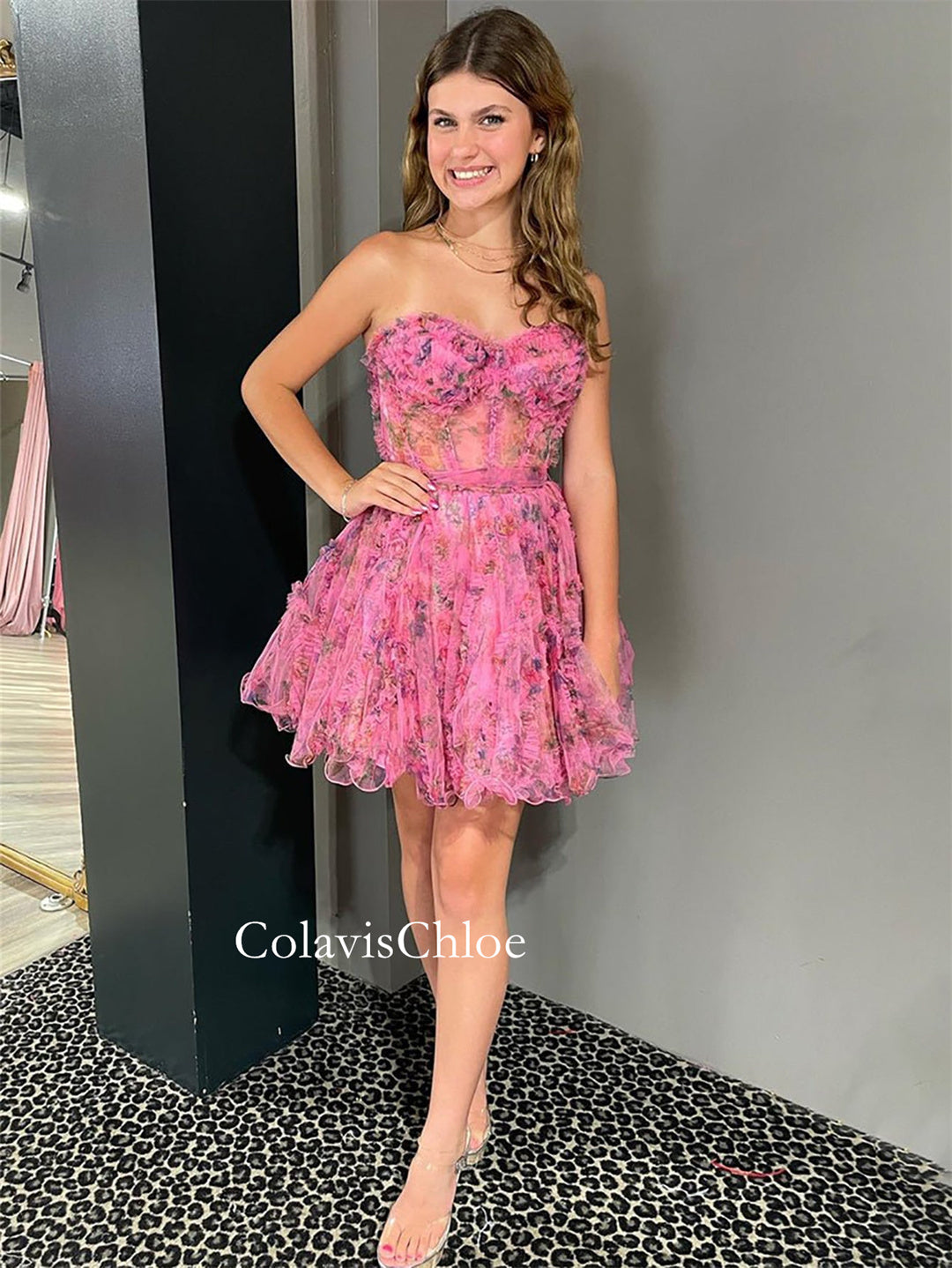 A Line Strapless Floral Homecoming Dress