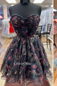 A Line Strapless Floral Homecoming Dress