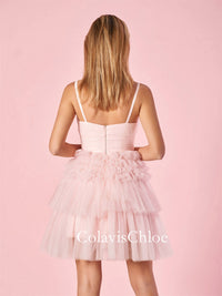 A-Line Deep V Neck Tiered Short Homecoming Dress