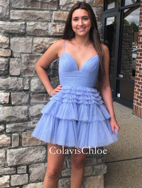 A-Line Deep V Neck Tiered Short Homecoming Dress