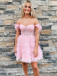 A Line Off the Shoulder Light Blue Short Homecoming Dress with Feather