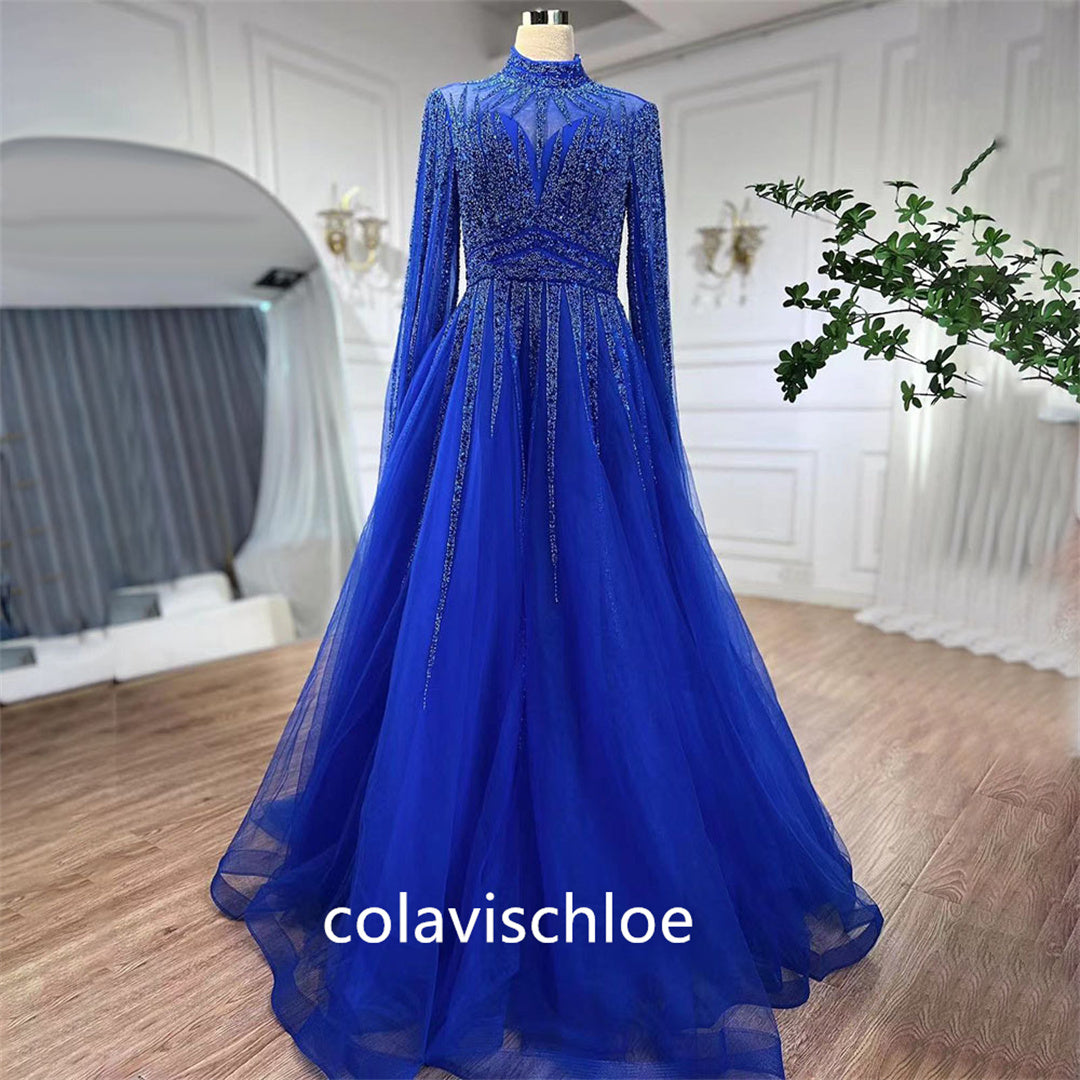 Luxury High Neck Green Beading A-Line Prom Dress with Cape Sleeves