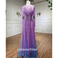 Luxury Purple O-Neck Beading Prom Dress with Long Sleeves