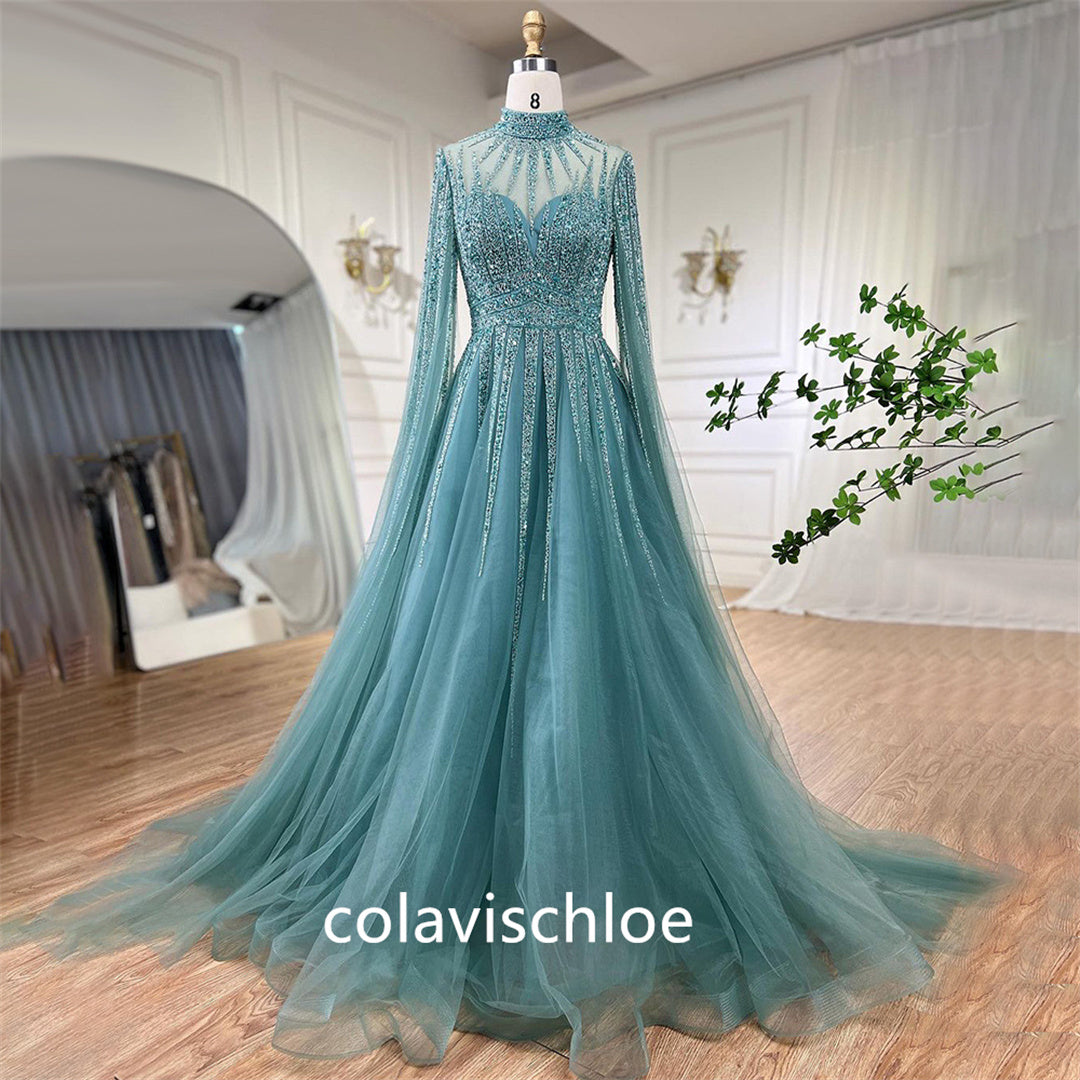 Luxury High Neck Green Beading A-Line Prom Dress with Cape Sleeves