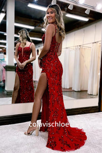 Spaghetti Straps Sequined Slit Prom Dress