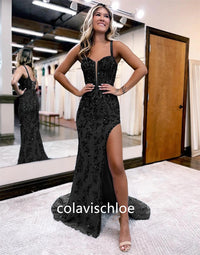 Spaghetti Straps Sequined Slit Prom Dress