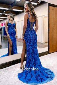 Spaghetti Straps Sequined Slit Prom Dress