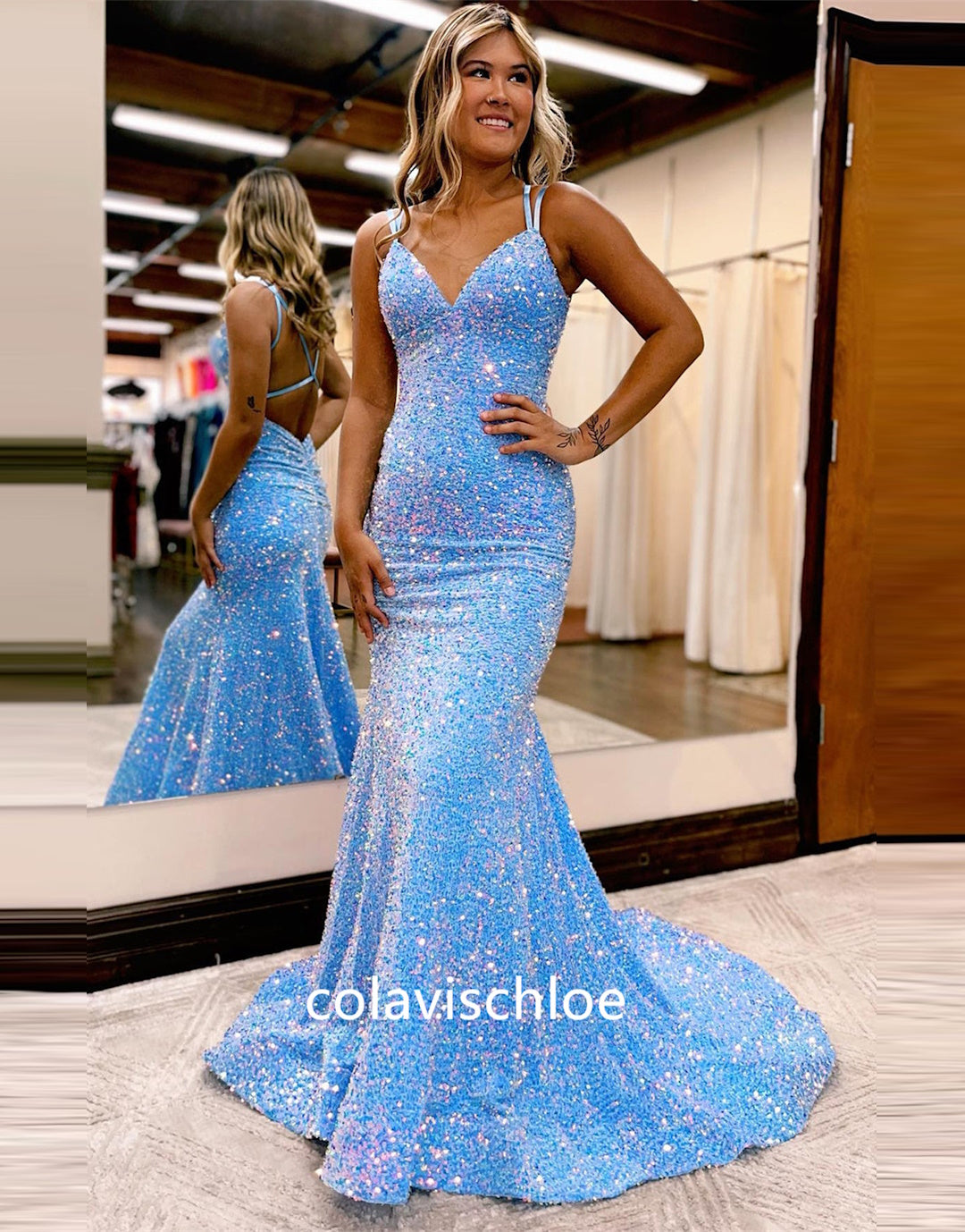 Sparkly Blue Mermaid Sequins Long Backless Prom Dress