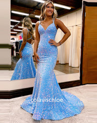 Sparkly Blue Mermaid Sequins Long Backless Prom Dress