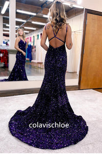 Sparkly Blue Mermaid Sequins Long Backless Prom Dress