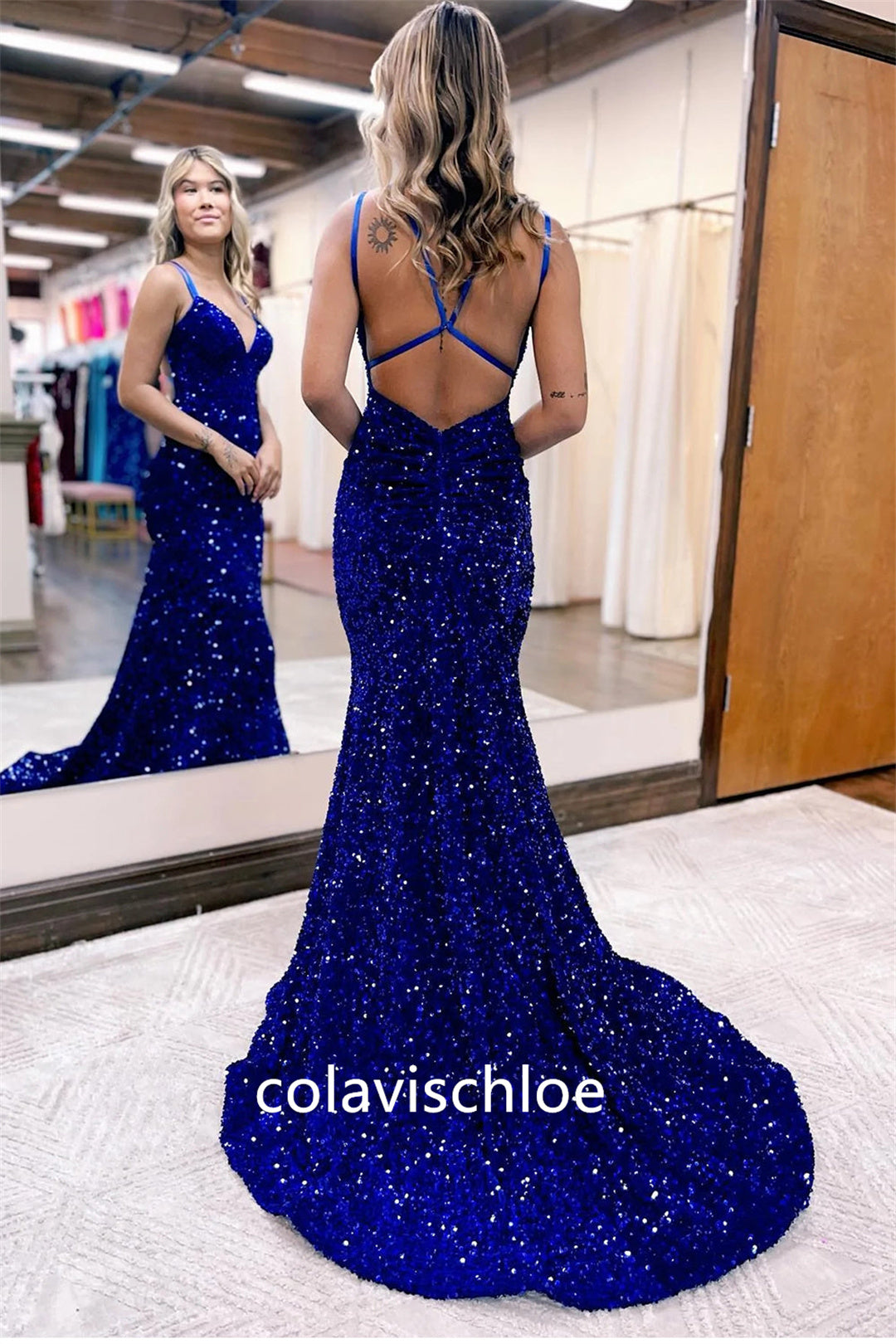 Sparkly Blue Mermaid Sequins Long Backless Prom Dress