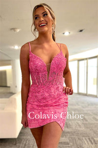 Sheath V neck Lace Appliques Homecoming Dress